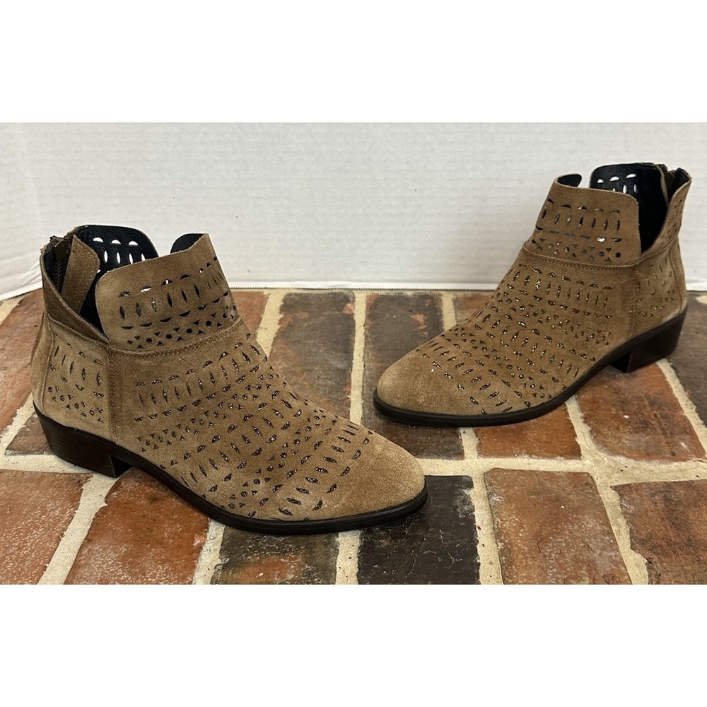 Kanna Brown Suede Ankle Boots Gold‎ Metallic Inlays Back Zipper Sz 7